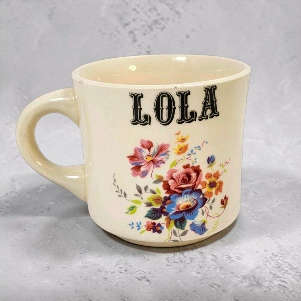 Vintage LOLA Floral Name Mug USA Made Retro Ceramic Coffee Cup Cottage Granny
